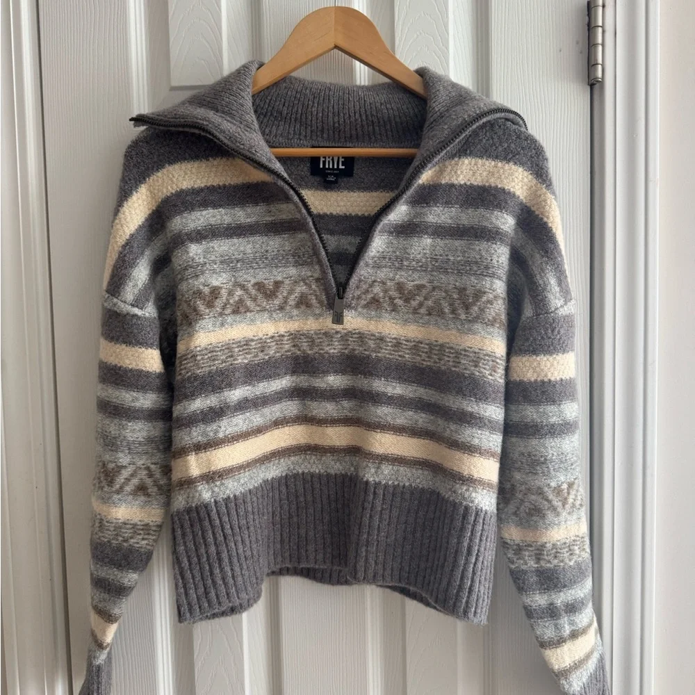 FRYE Fair Isle Striped Gray and Cream Women's Sweater - Picture 5 of 9